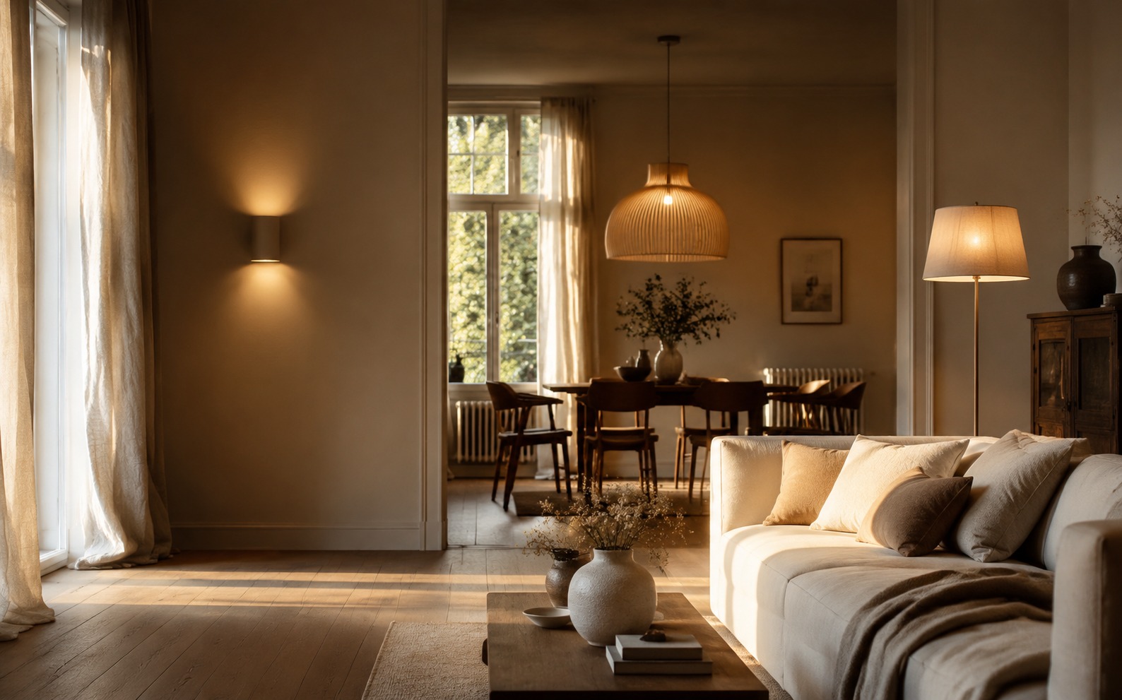 Warm contemporary living and dining space illuminated by layered lighting