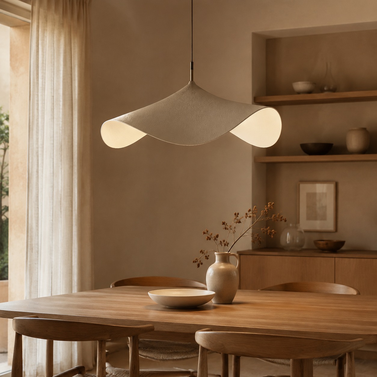 Sculptural pendant light in a warm dining room