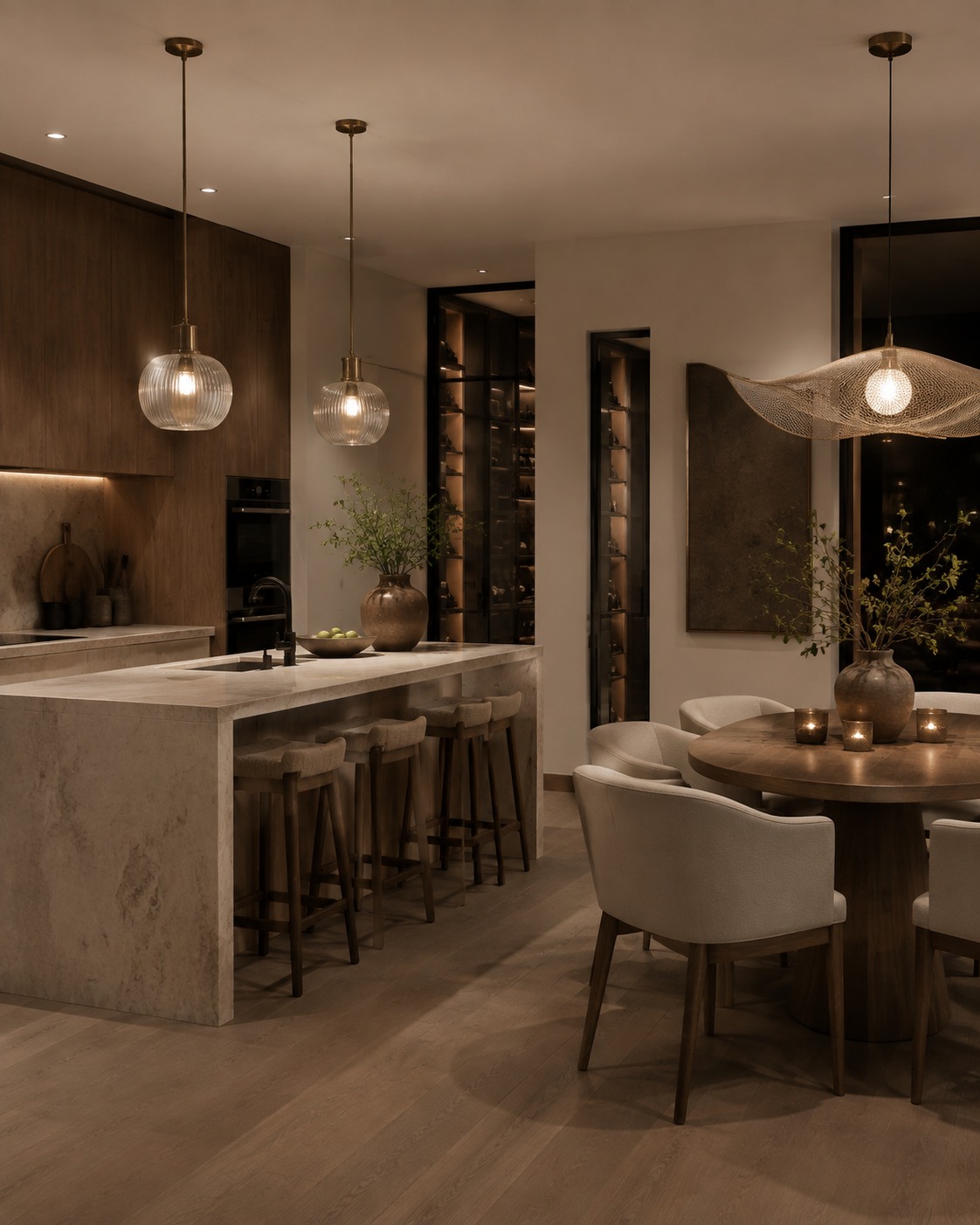Lighting in a dining room and kitchen