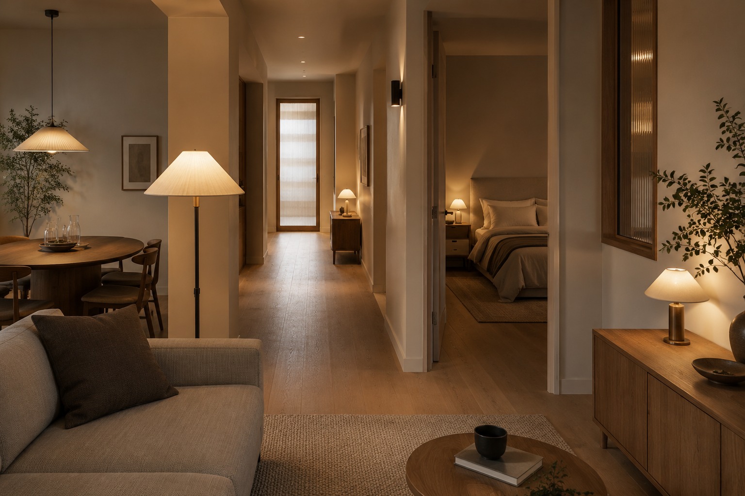 Connected home spaces shaped by layered lighting