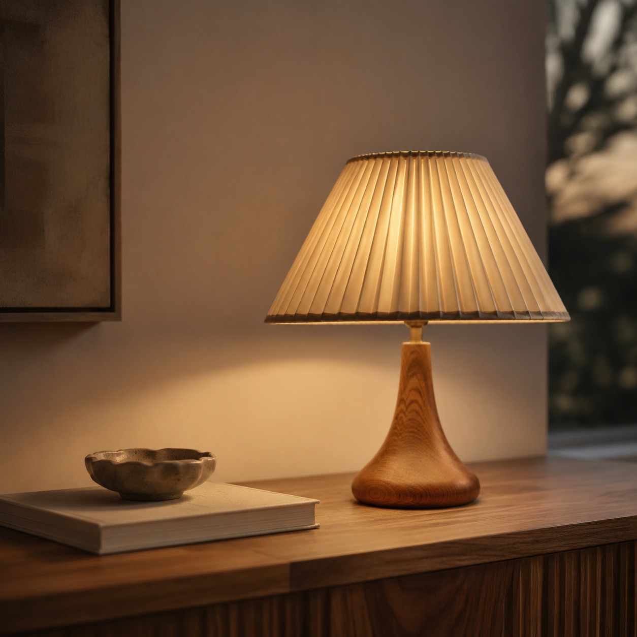 Warm light diffused through a pleated fabric shade