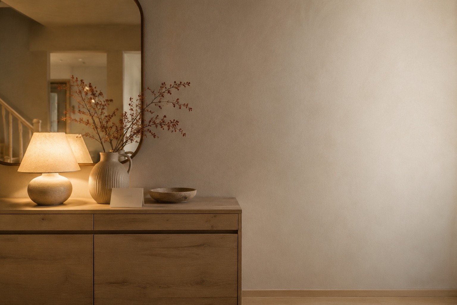 Welcoming entryway console illuminated by a small table lamp