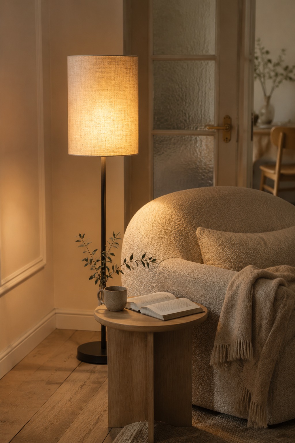 Softly lit reading corner with a fabric floor lamp