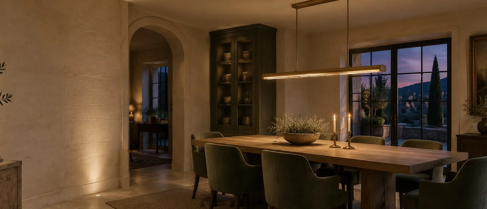 Linear dining pendant at dusk