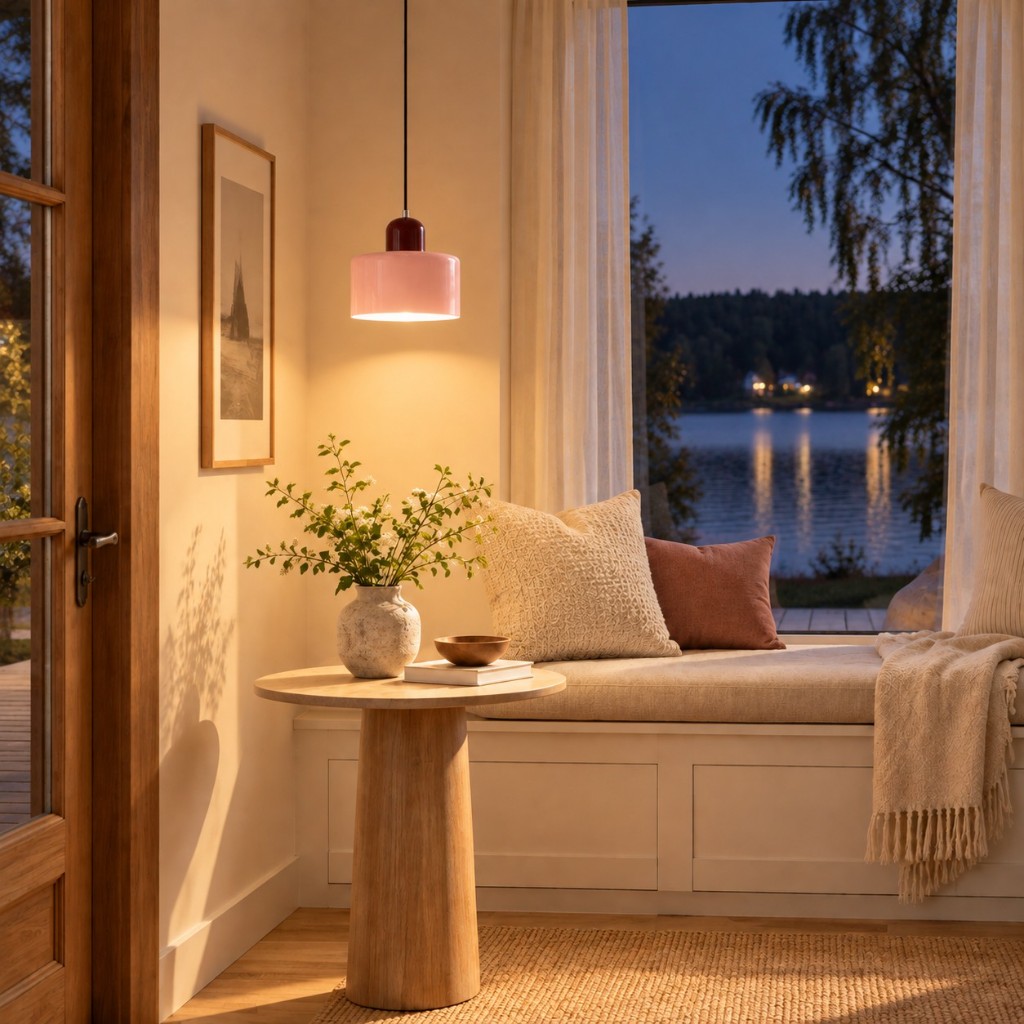 Pink Morvella by a lake window, lit