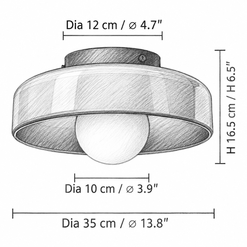 Maßzeichnung: Durchmesser 35 cm / 13,8 in, Höhe 16,5 cm / 6,5 in