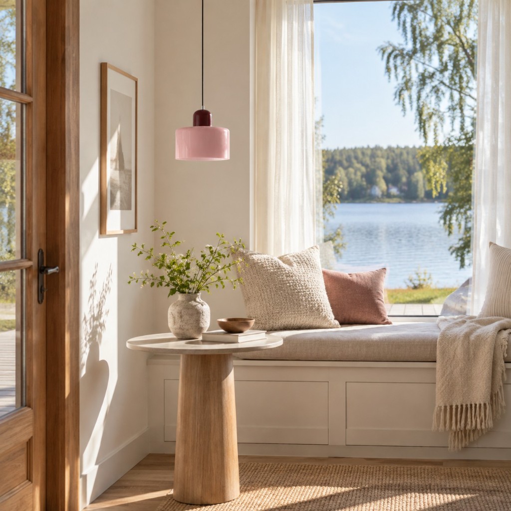 Pink Morvella by a lake window, unlit