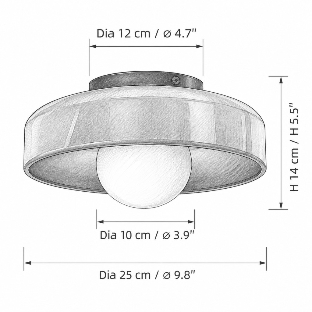 Maßzeichnung: Durchmesser 25 cm / 9,8 in, Höhe 14 cm / 5,5 in