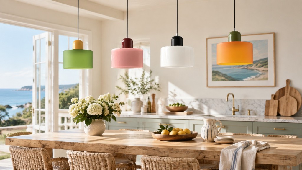 Four Morvella pendants over a dining table