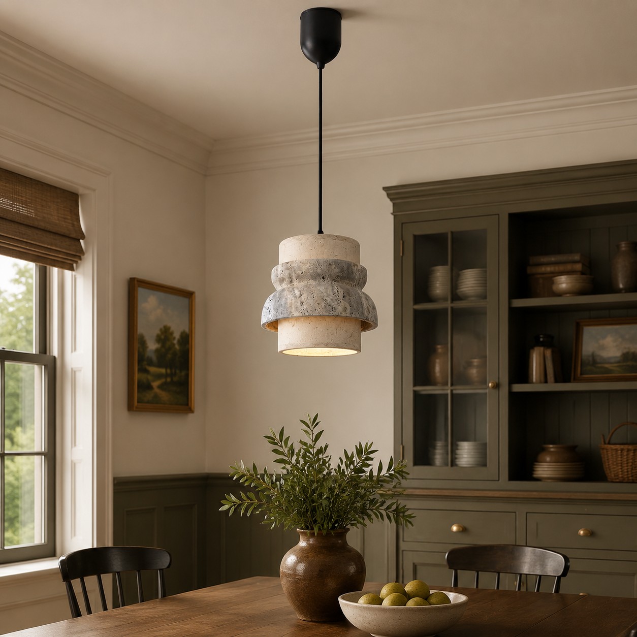 Un pendentif en travertin gris style A dans une salle à manger