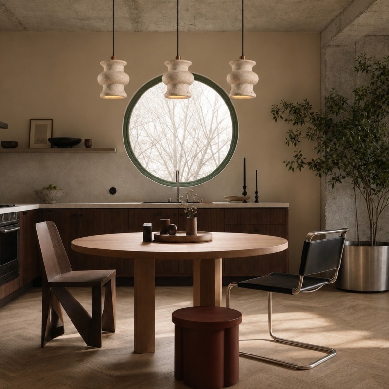 Suspension en travertin à trois têtes au-dessus d'une table à manger