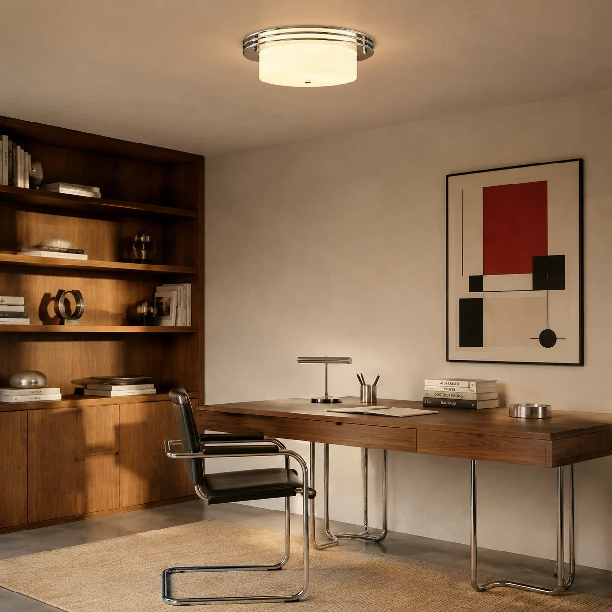 Low profile Bauhaus ceiling fixture over a modern study room