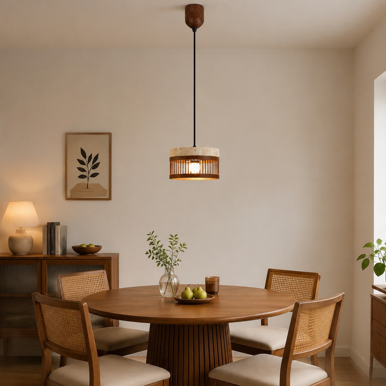 Suspension vintage en travertin et métal au-dessus d'une table à manger