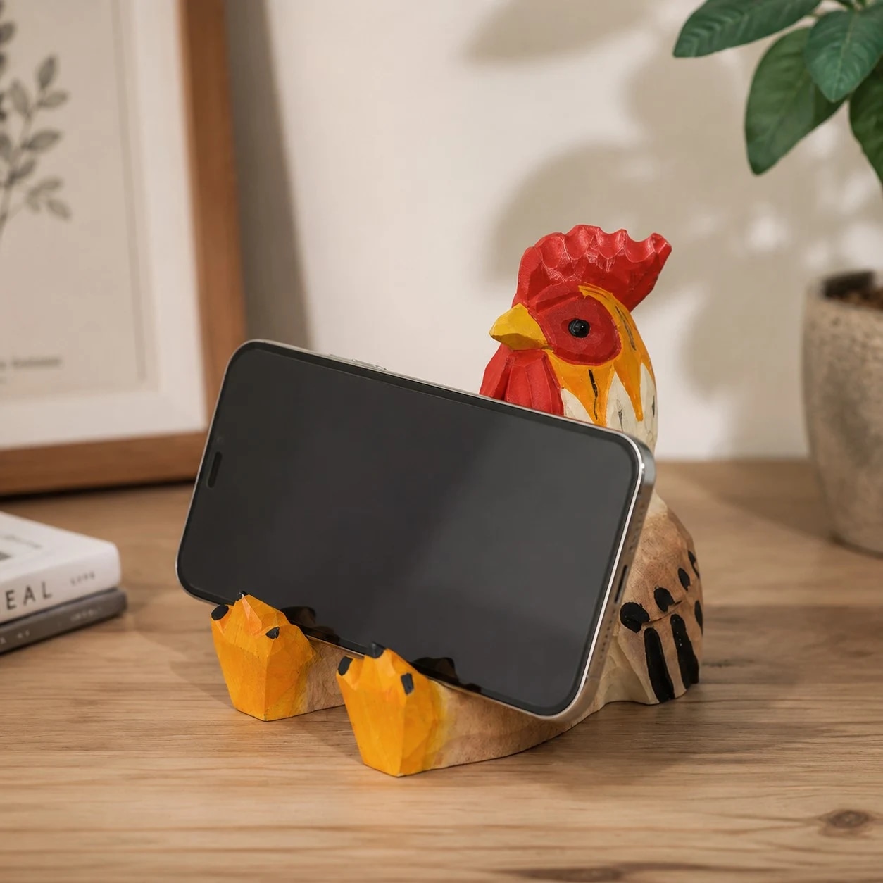 Wooden animal phone stand scene view