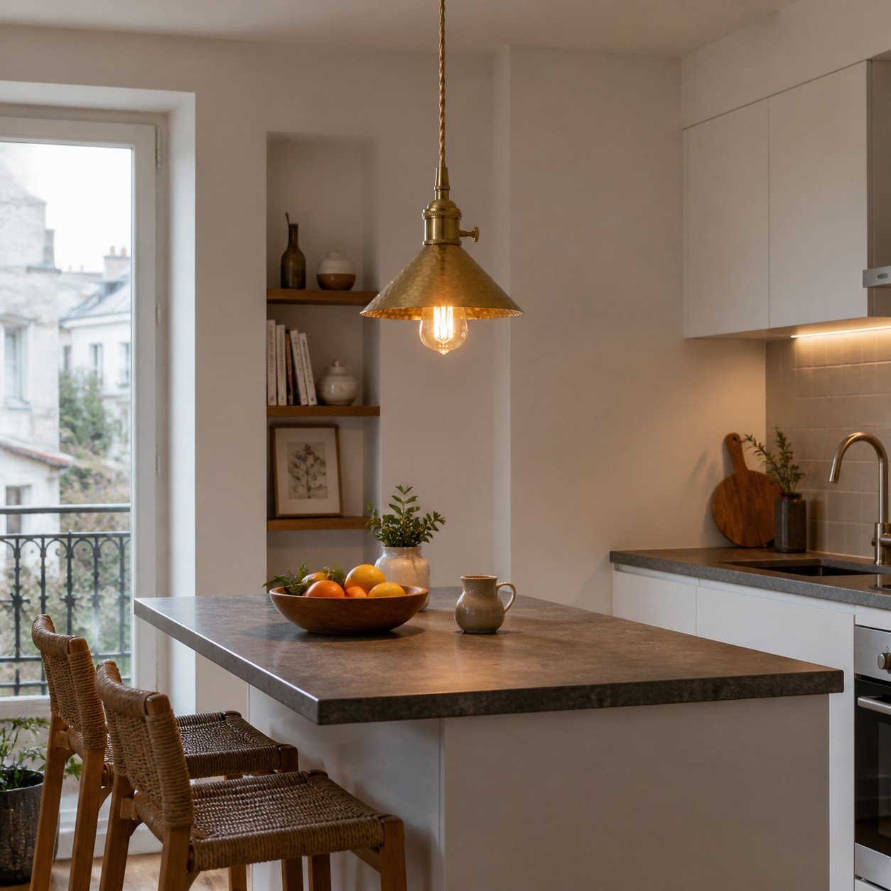 Suspension conique en laiton martelé au-dessus d'un îlot de cuisine compact