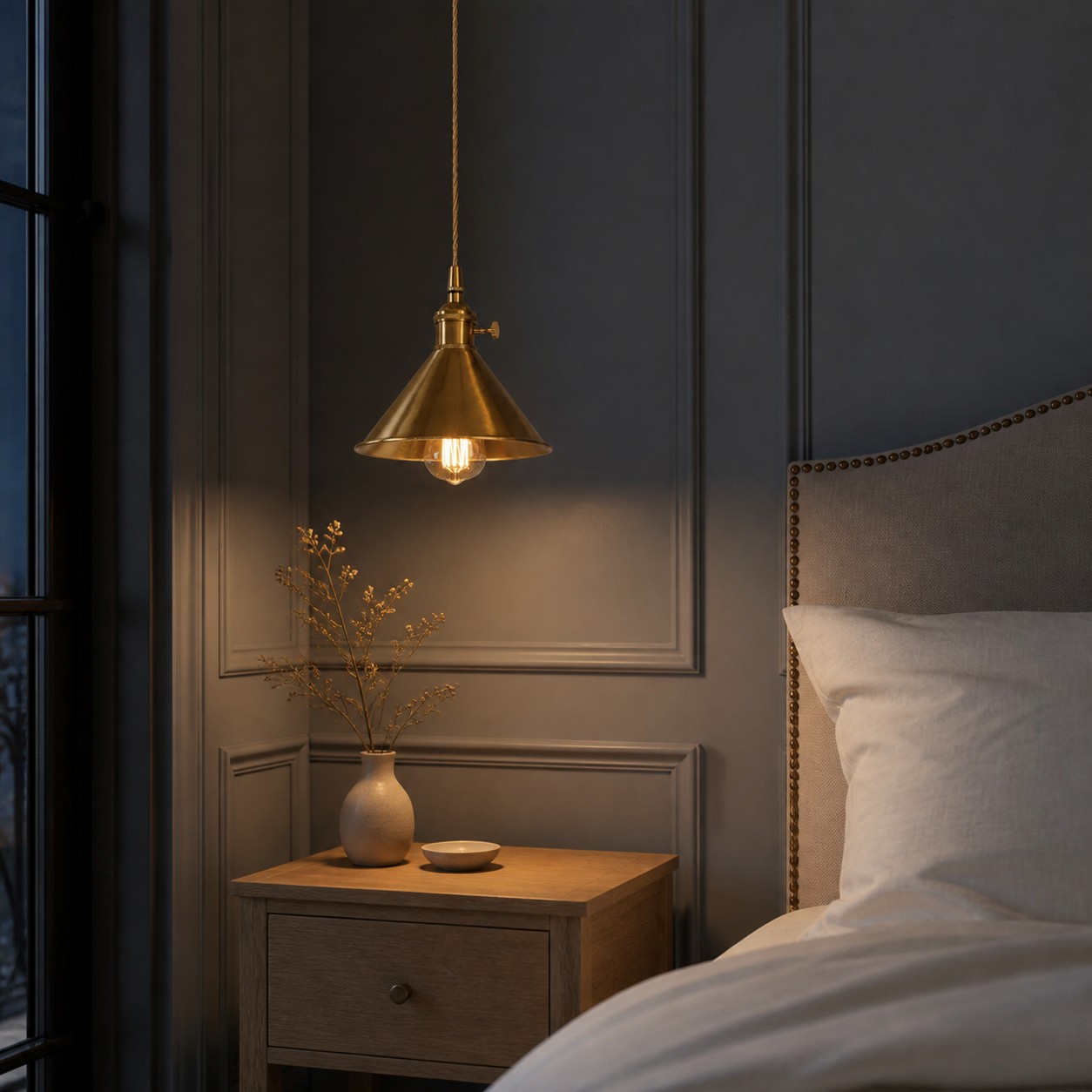 Suspension conique en laiton à côté d'une chambre compacte