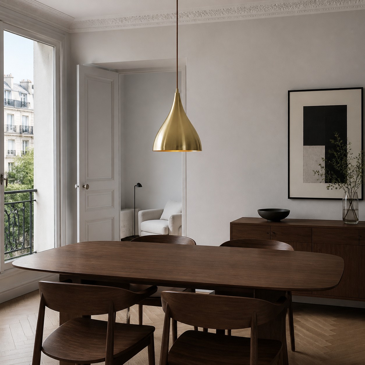 Suspension en laiton brillant au-dessus d'une table à manger