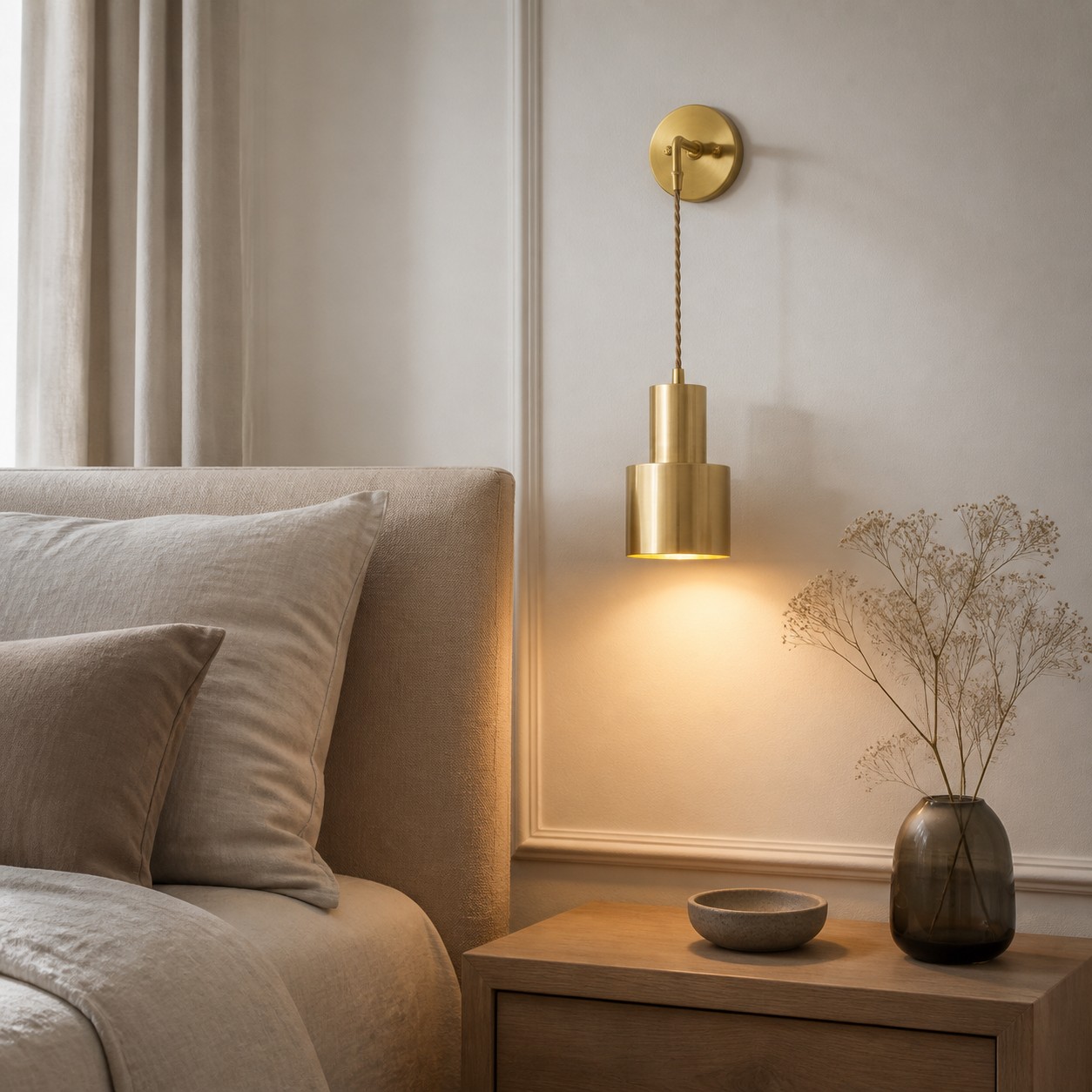 Pendant style brass wall sconce beside a bed