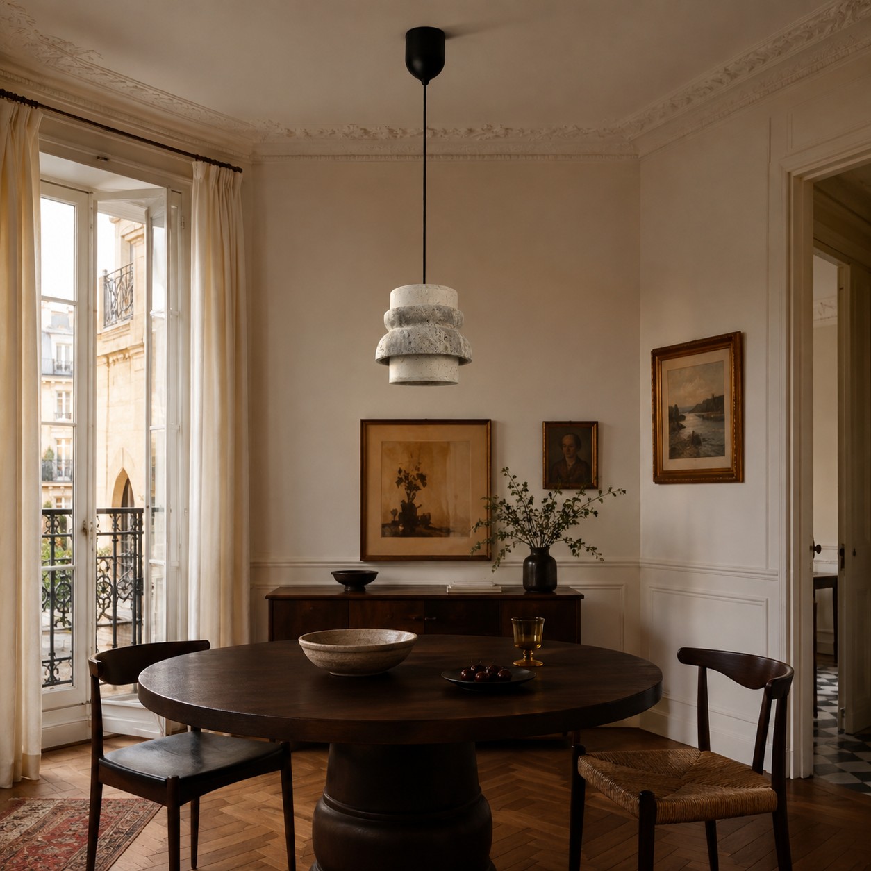 Un pendentif en travertin gris style A dans une salle à manger parisienne