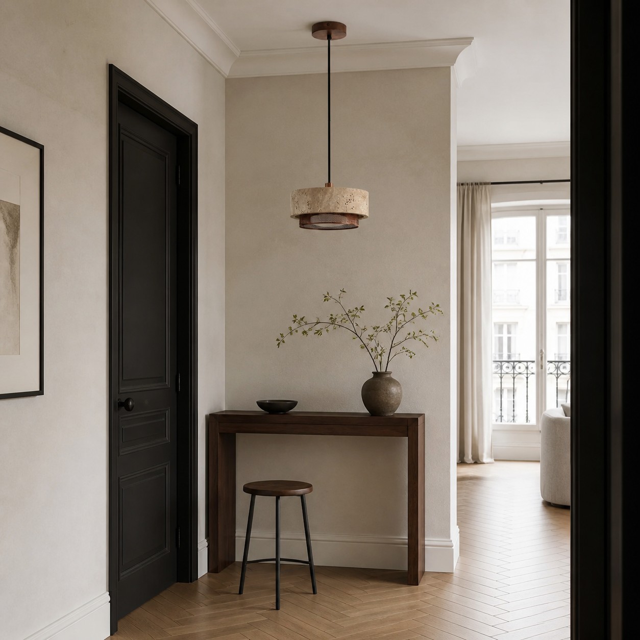 Suspension en travertin à une tête dans l'entrée d'un appartement français