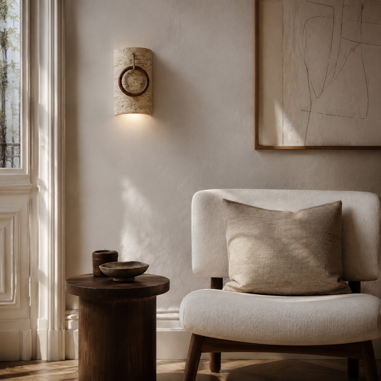 Applique murale chaleureuse installée au-dessus d'une console dans un salon texturé