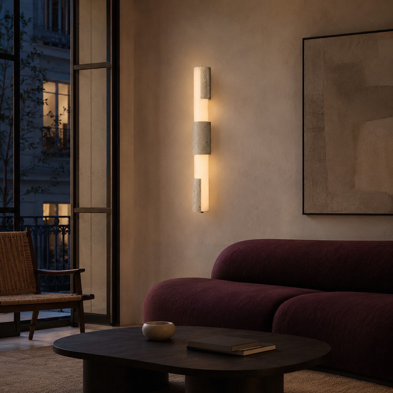 Applique murale LED haute en acrylique travertin dans un salon contemporain
