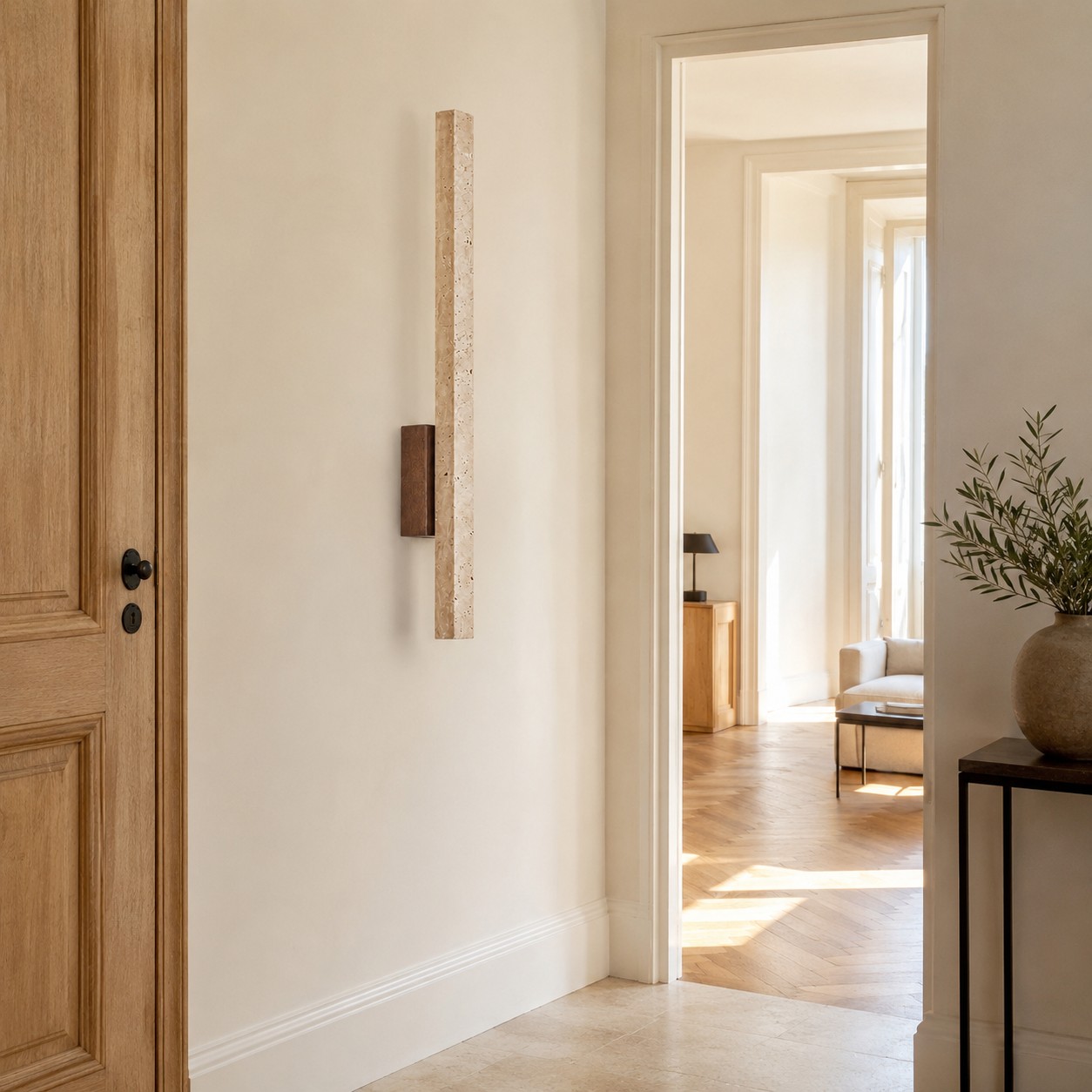 Applique murale effet travertin beige dans un couloir d'appartement français