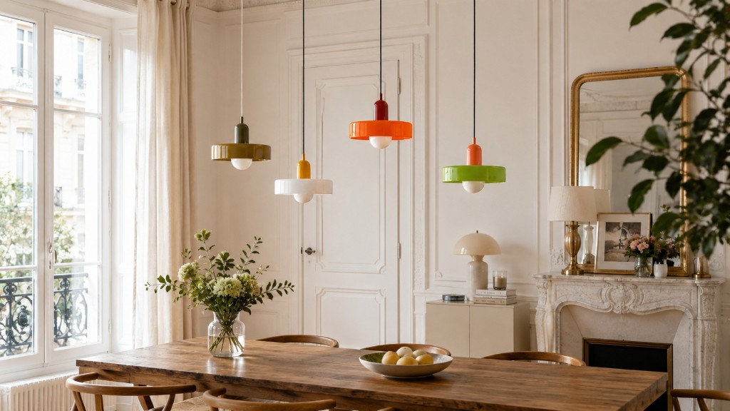 Four Kalo pendants in mixed colours, hung at staggered heights over a dining table