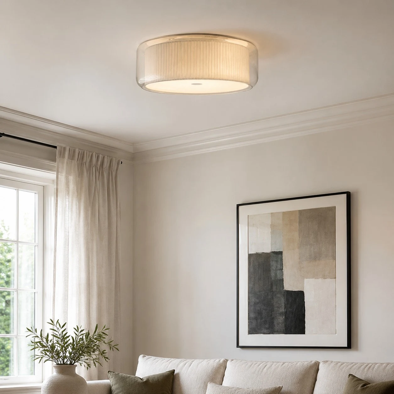 Full flush mount ceiling light installed above a neutral living room