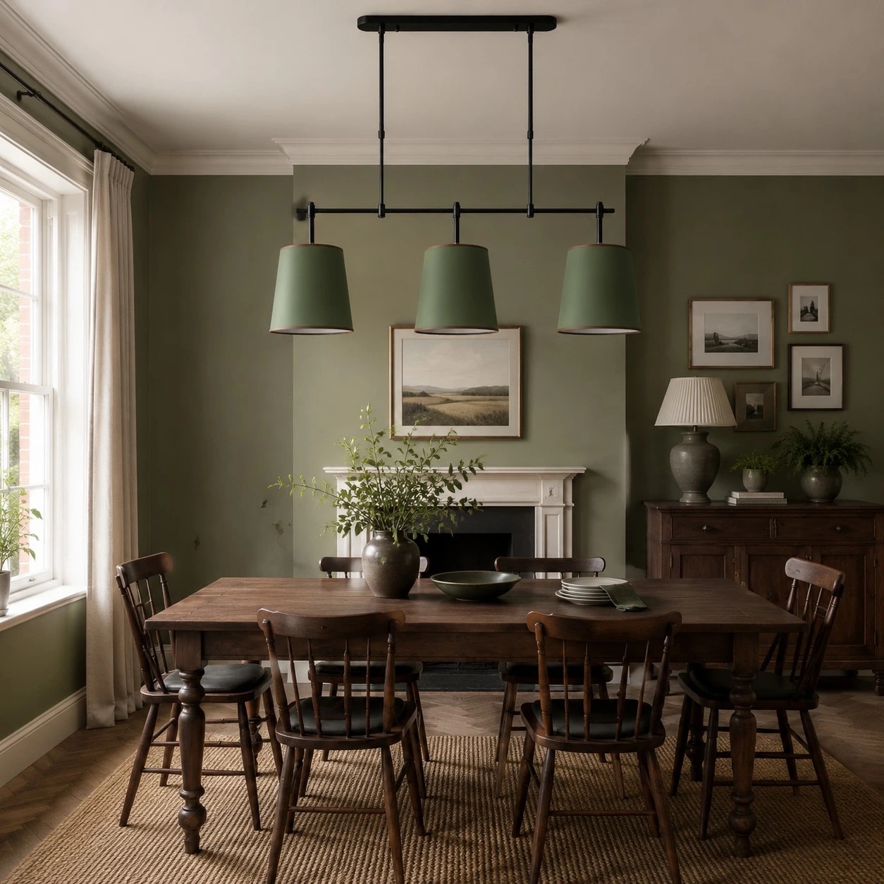 Dumora green shade linear chandelier in a dining room