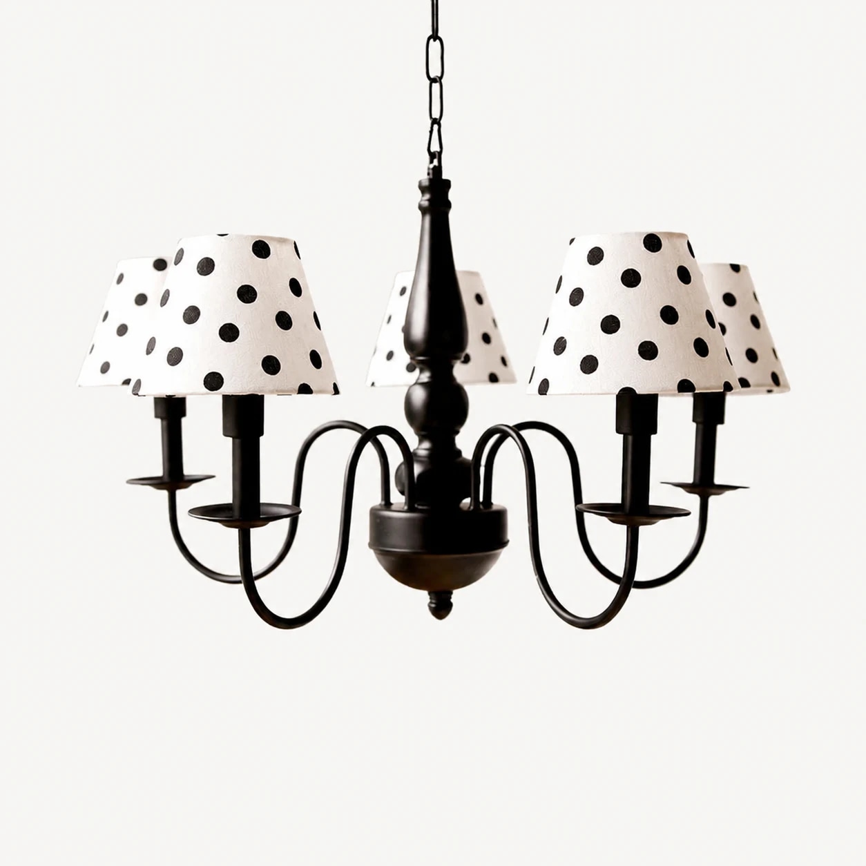 Five-head black chandelier with cream polka dot fabric shades