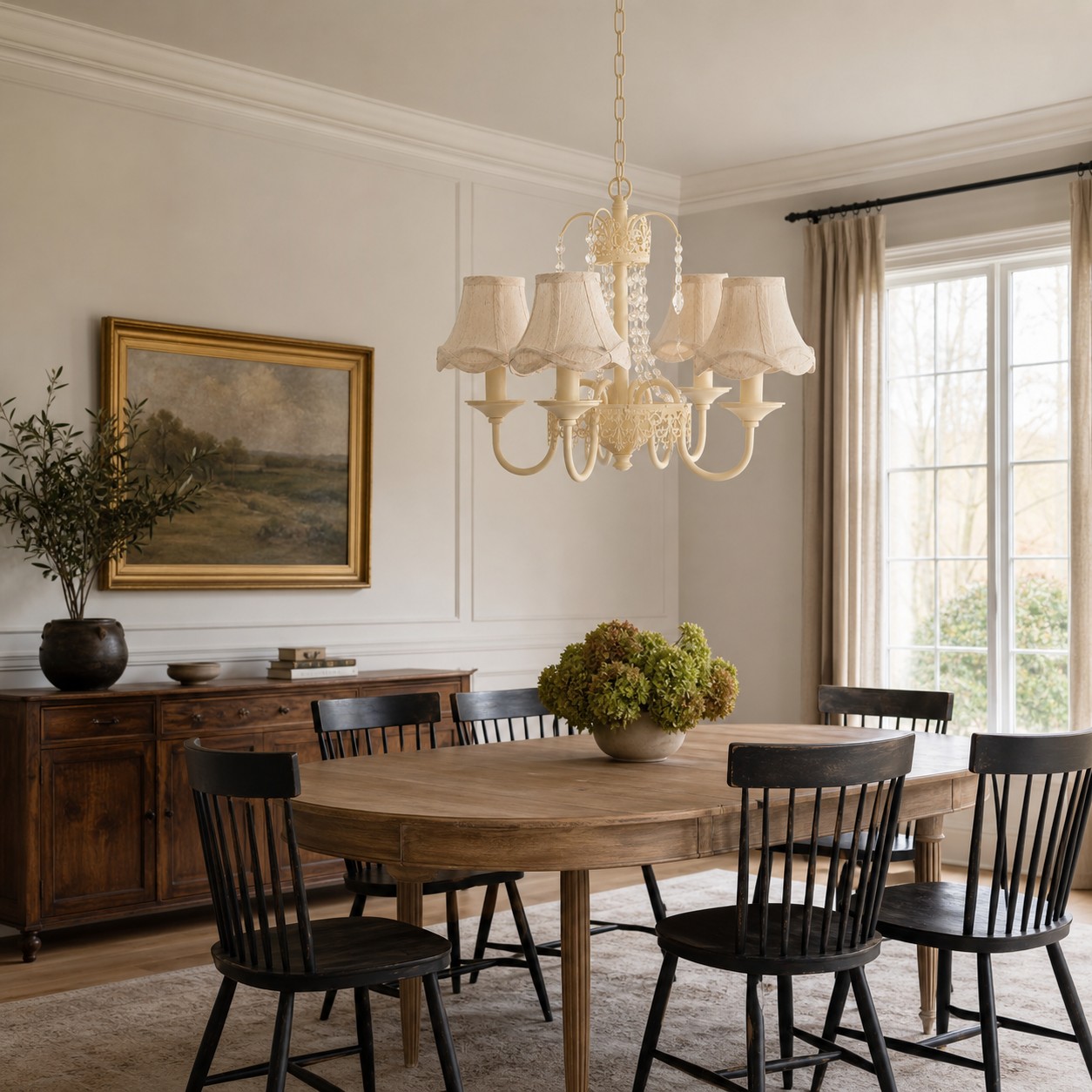 French country chandelier above a dining table
