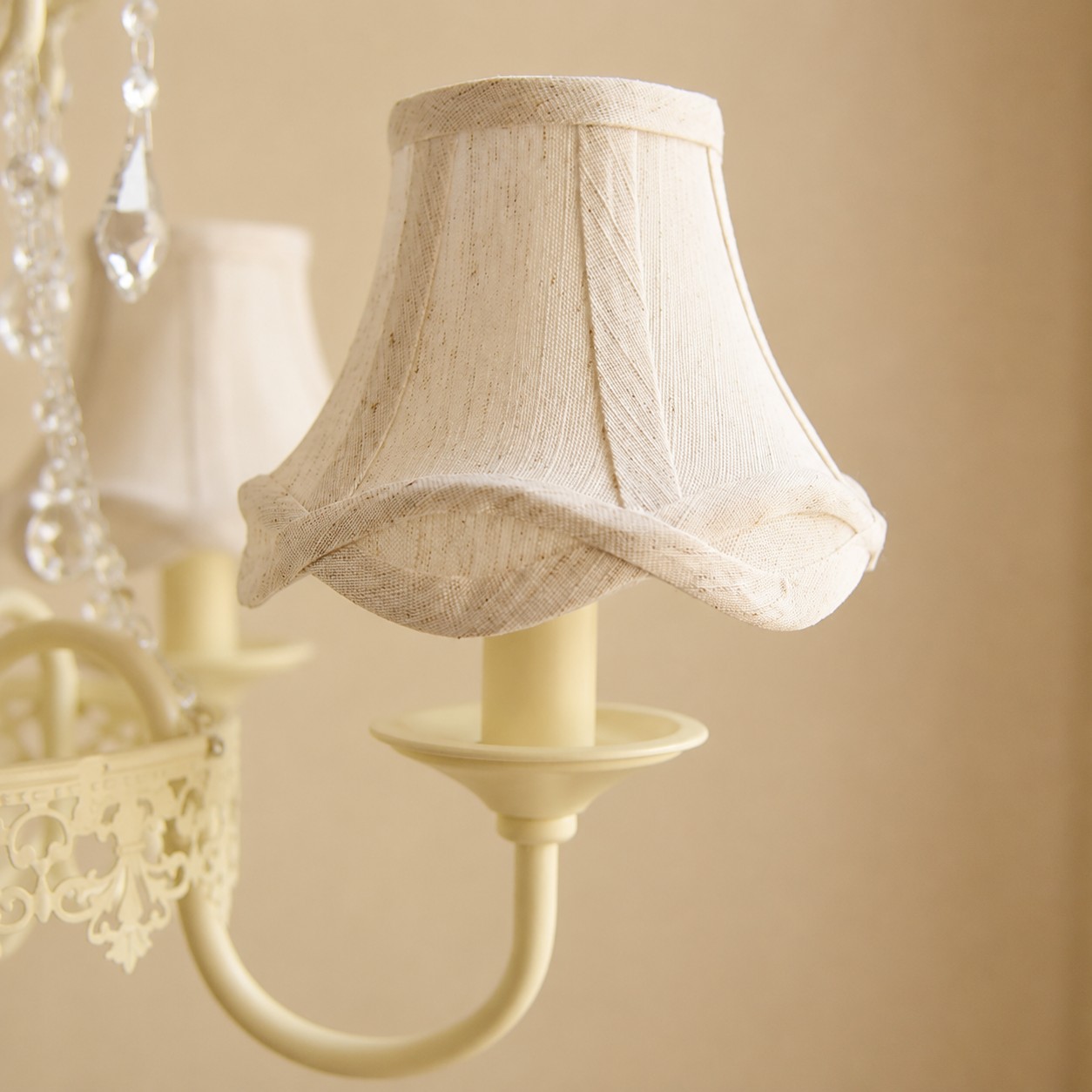 Close view of the softly shaped fabric shade
