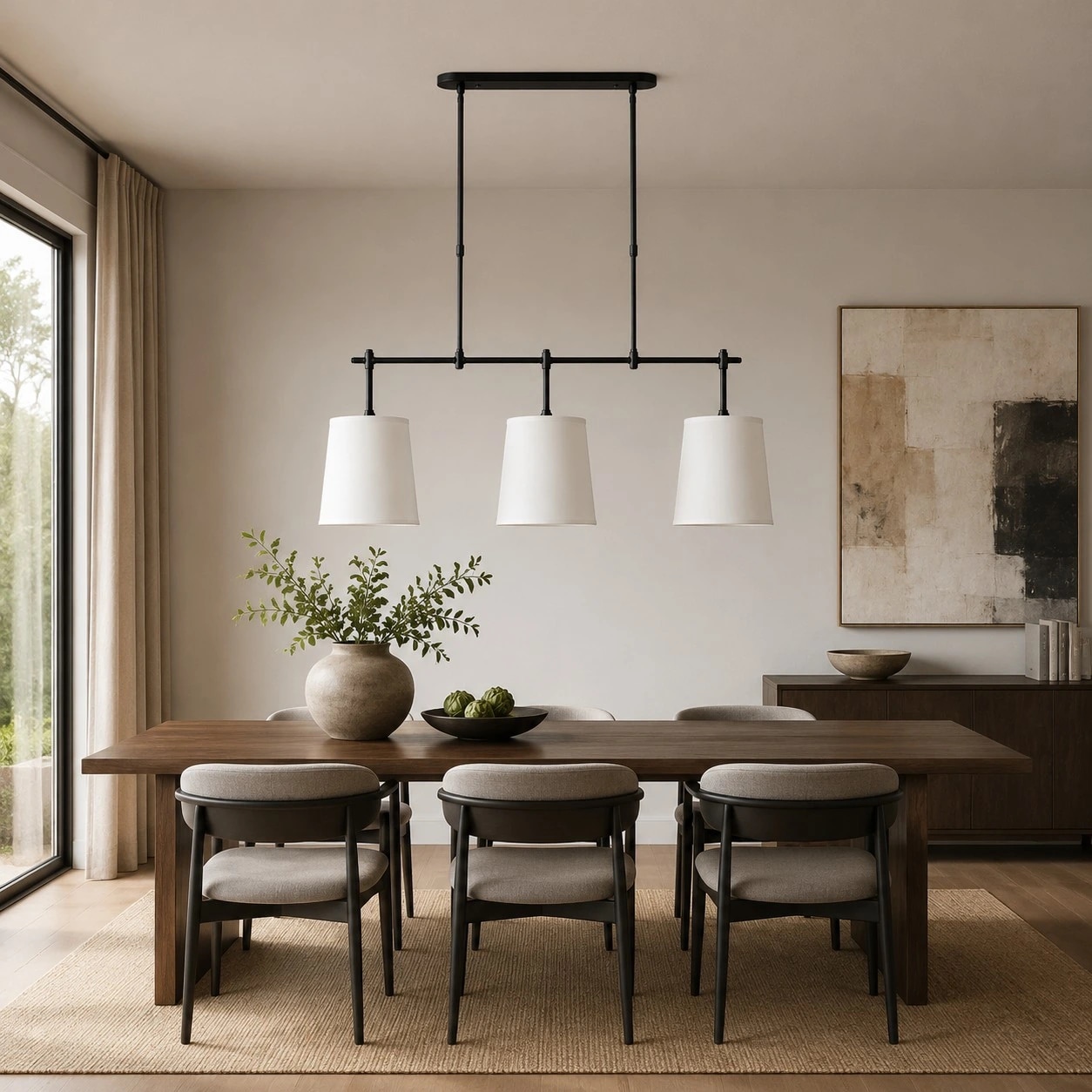 Dumora white shade black frame linear chandelier in a dining room