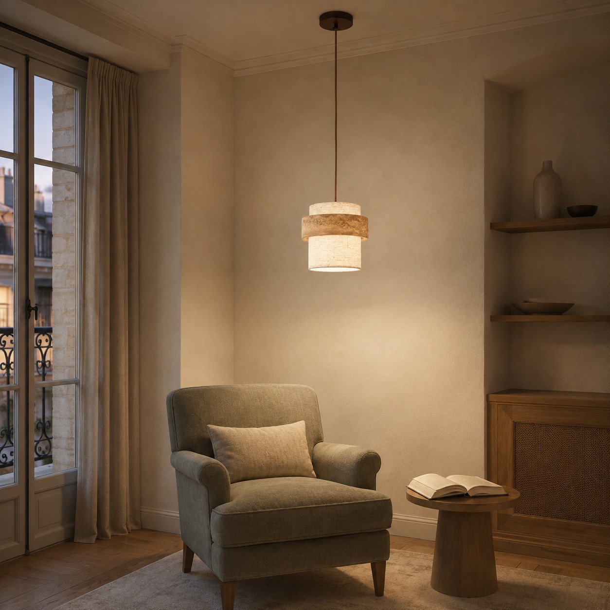 Single travertine fabric pendant illuminating a reading corner