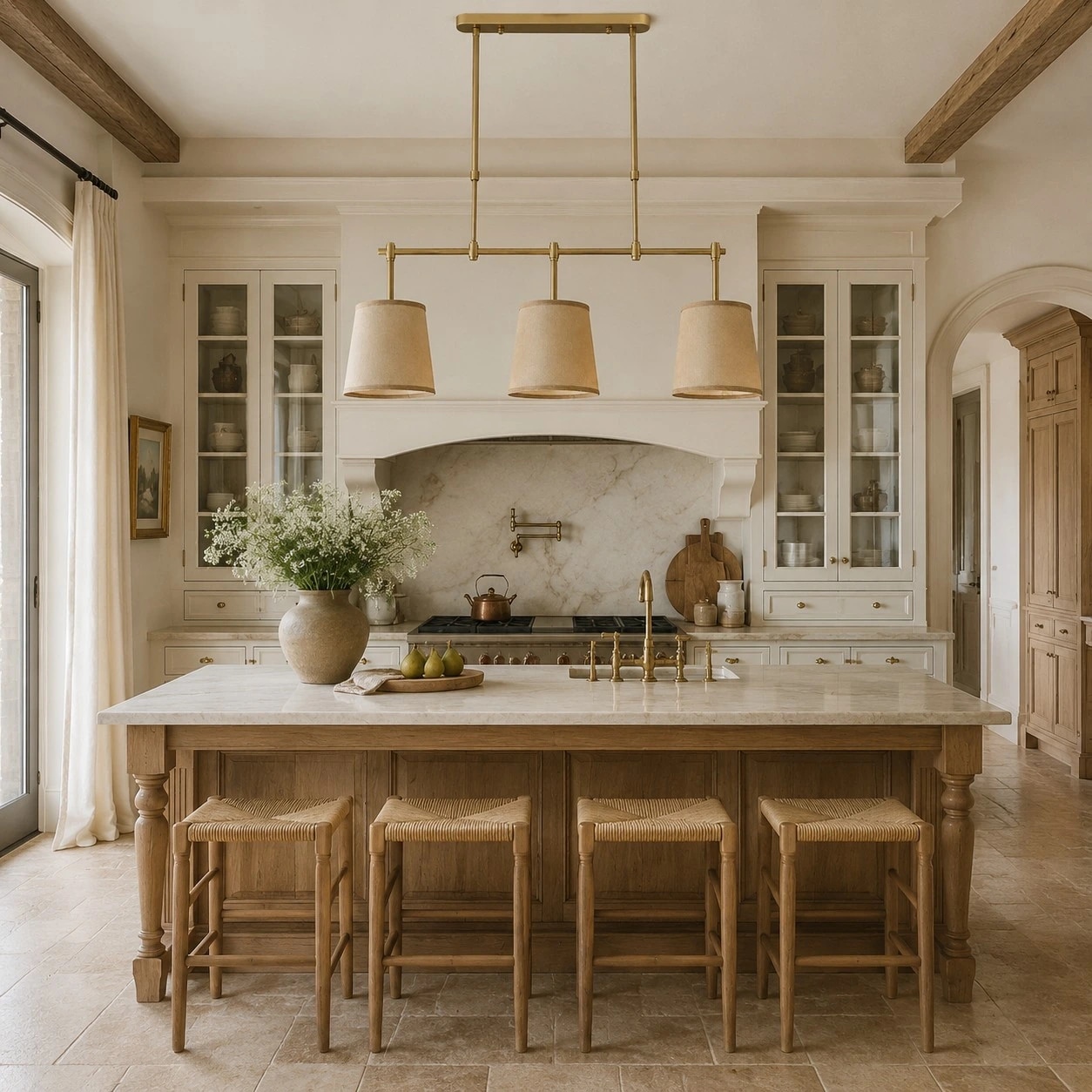 Dumora antique brass linear chandelier above a kitchen island