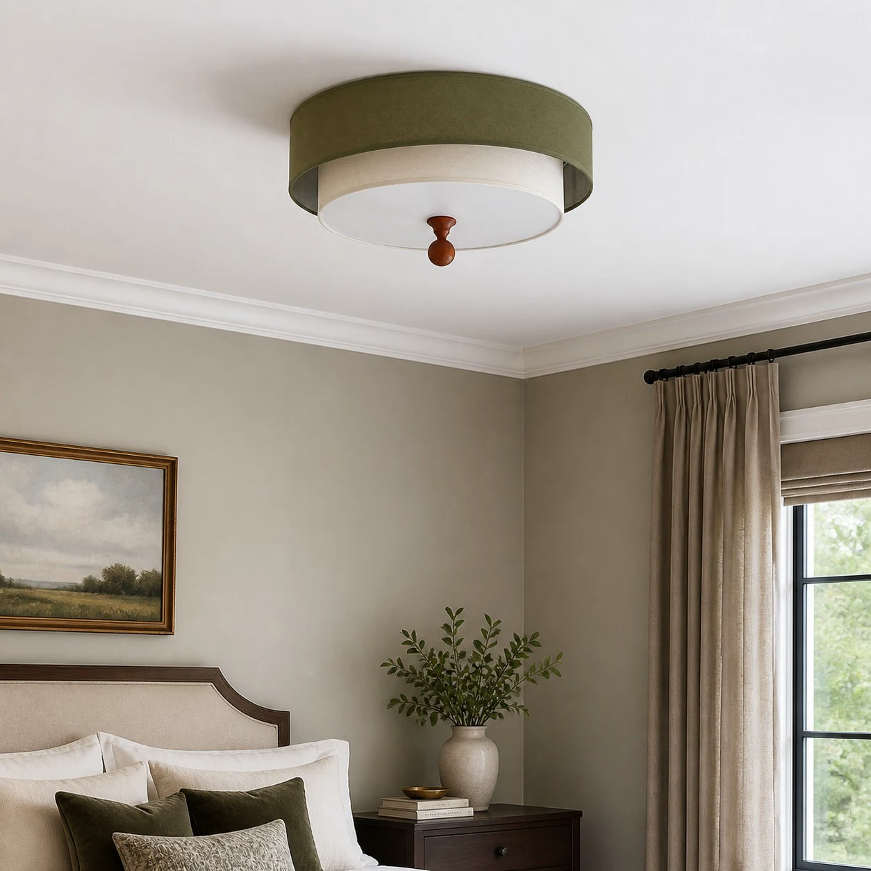 Green and white flush mount in a calm bedroom interior