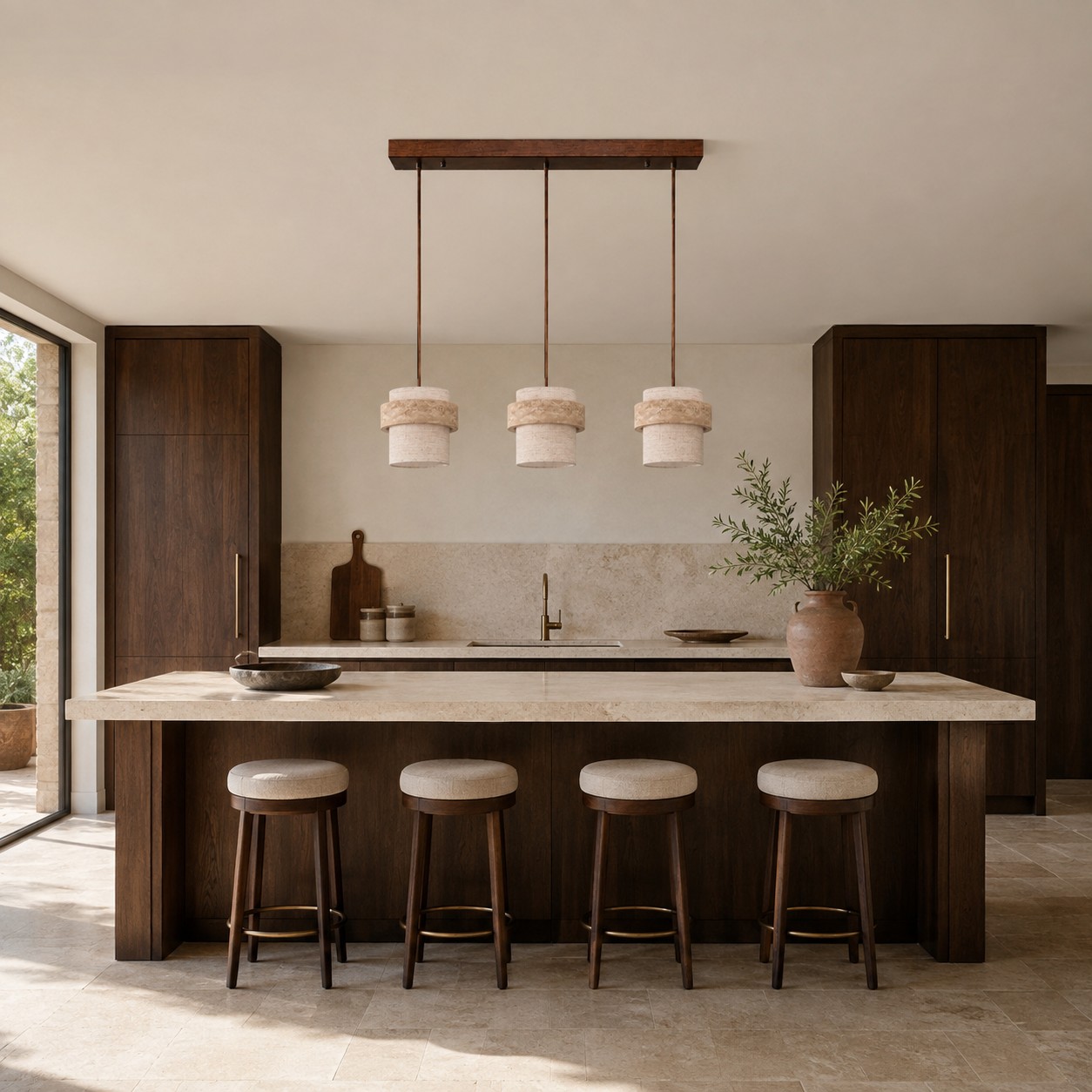 Three-light travertine fabric pendant above a kitchen island