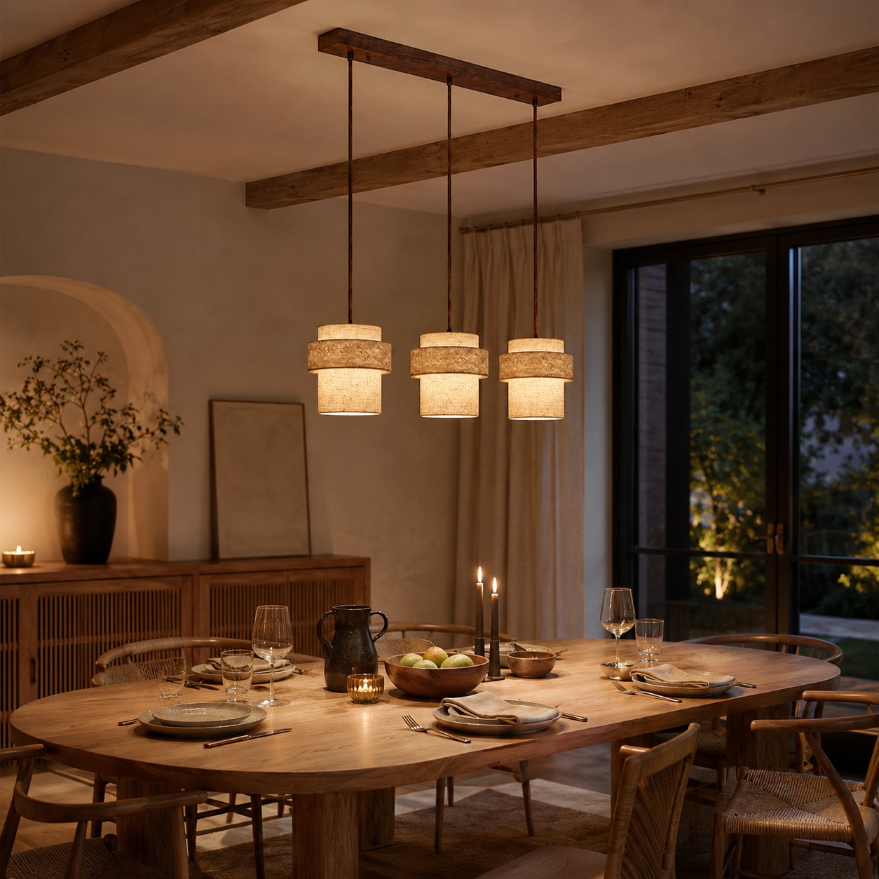Three-light travertine fabric pendant above an evening dining table