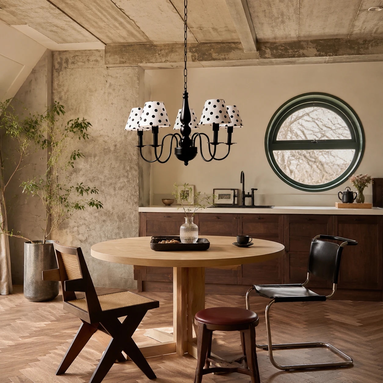 Polka dot chandelier installed over a warm dining table