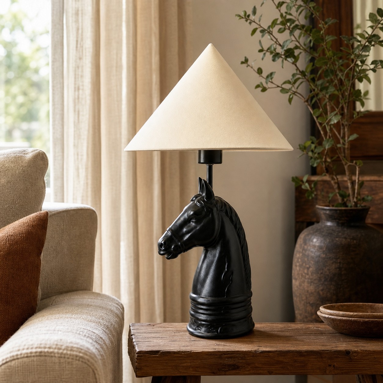Black horse table lamp styled in a living room