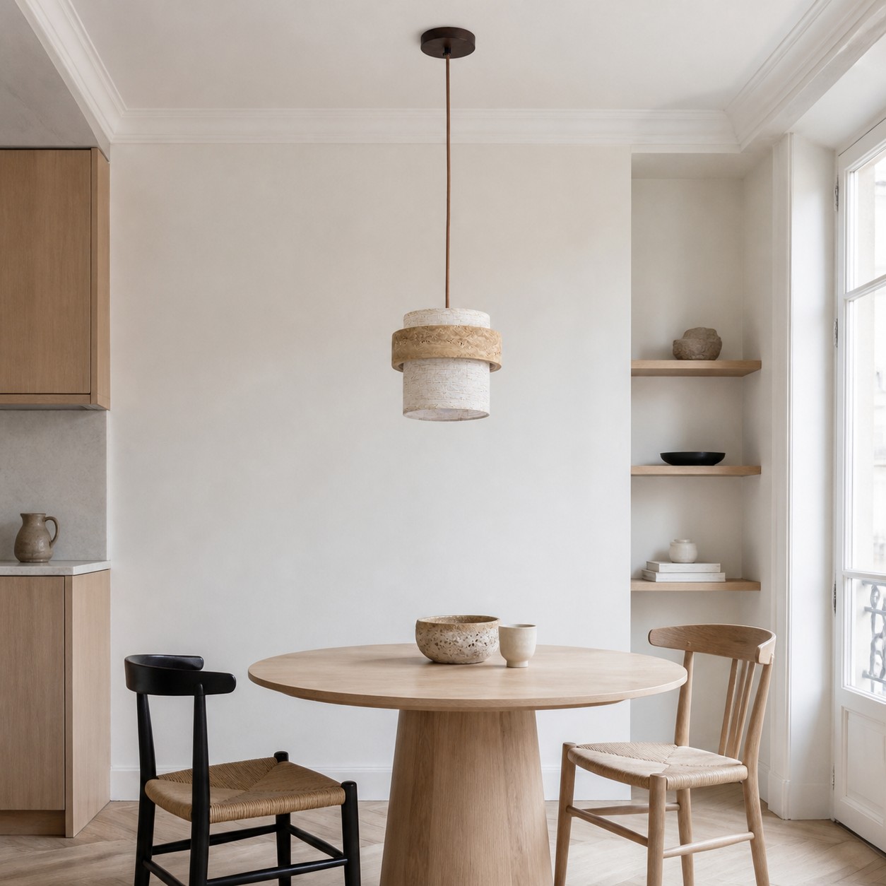 Single travertine fabric pendant above a compact dining table