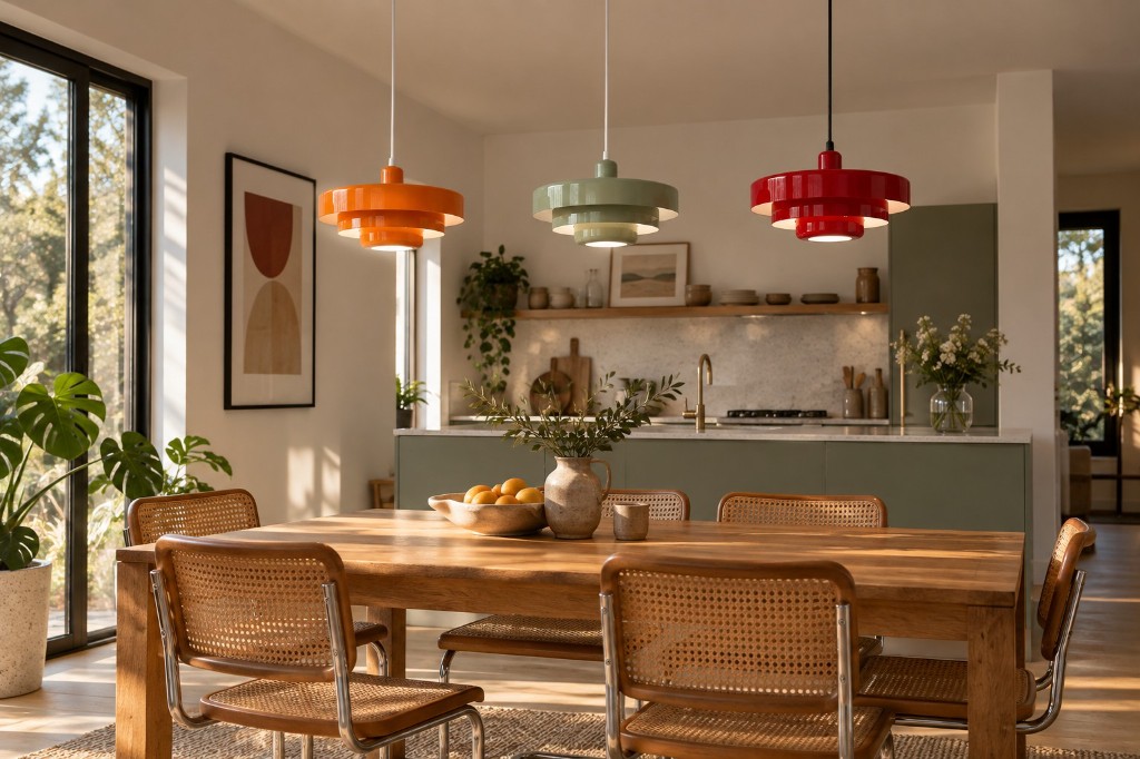 Malero triple-layer pendants in Orange, Sage Green, and Red over a dining table
