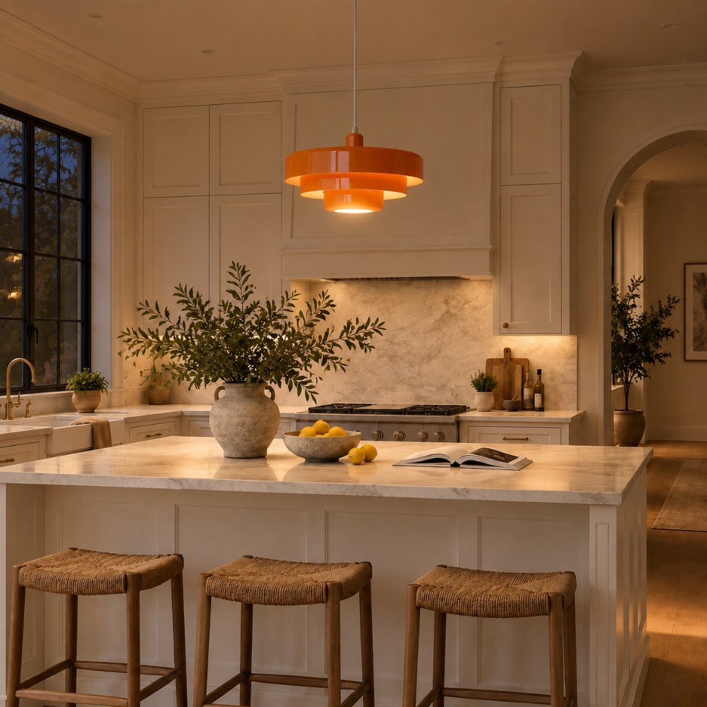 Orange Malero over a kitchen island, lit