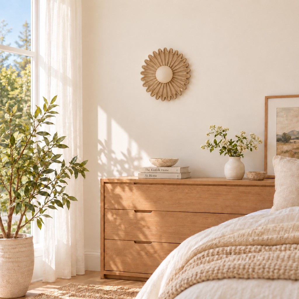 Beige Glova wall light above a bedroom dresser, unlit