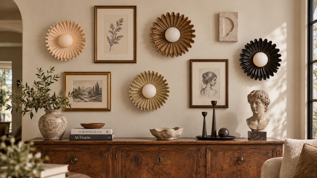 Glova ceramic flower wall lights in Off-White, Beige, Brown, and Black on a gallery wall