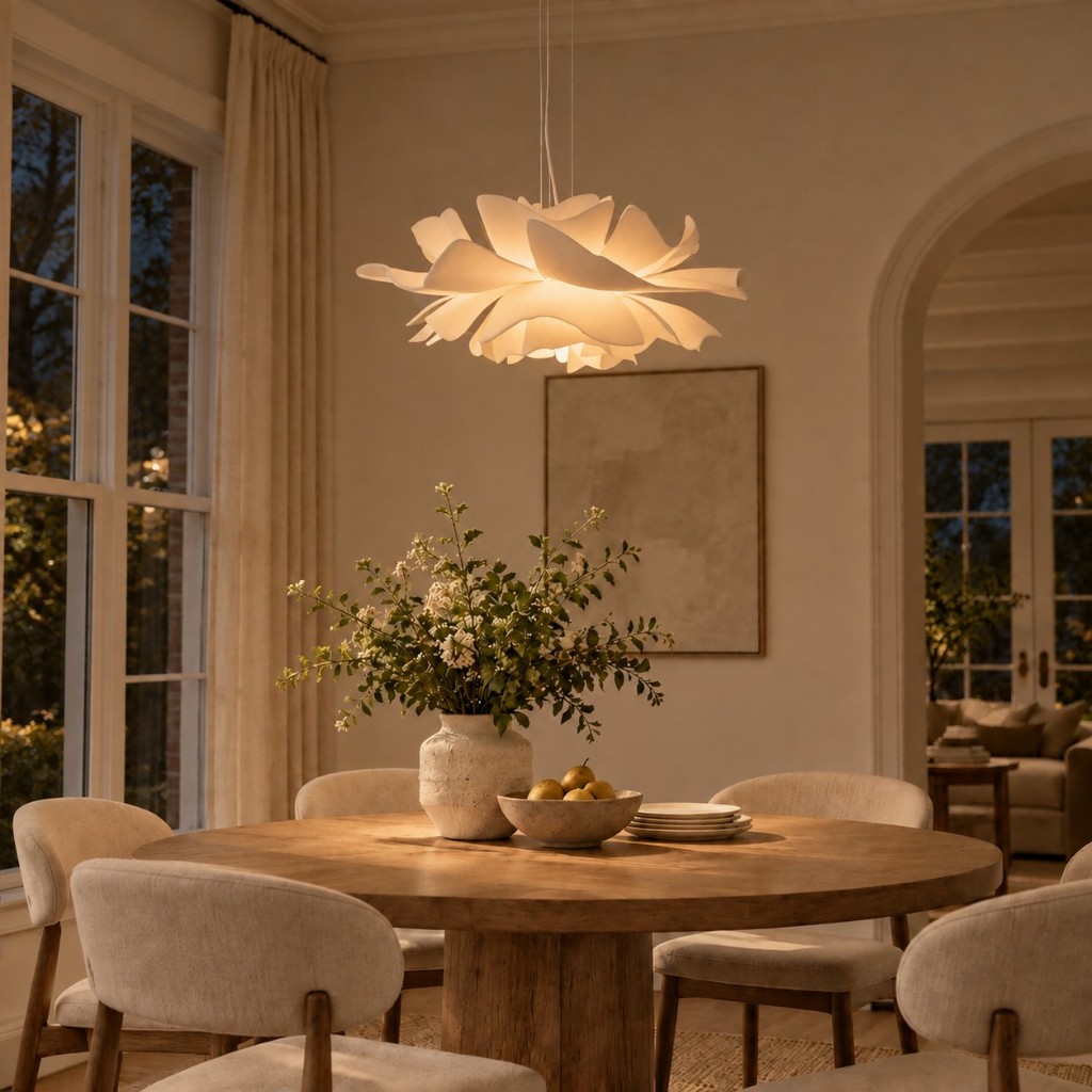 White Blossenari over a dining table, lit