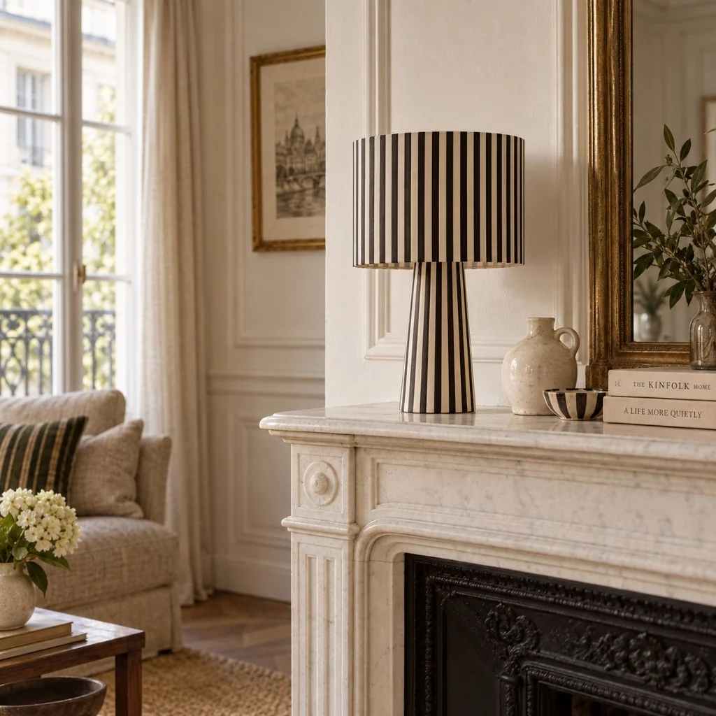 Striped fabric table lamp on a living room mantel