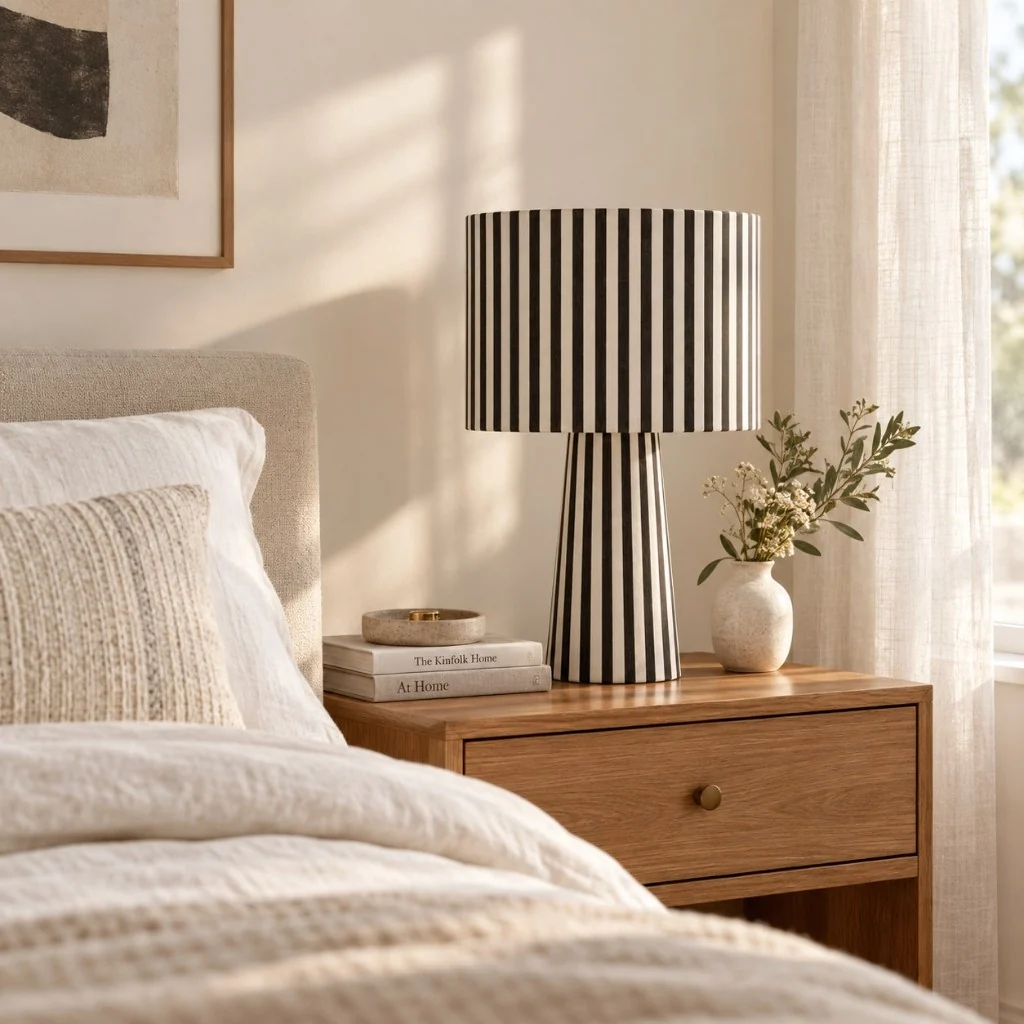 Striped fabric table lamp on a bedroom nightstand