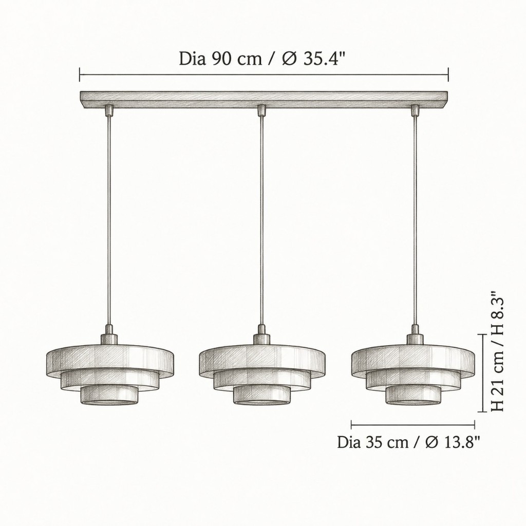 Size diagram, 3 Heads: bar Dia 90 cm, each shade Dia 35 cm × H 21 cm